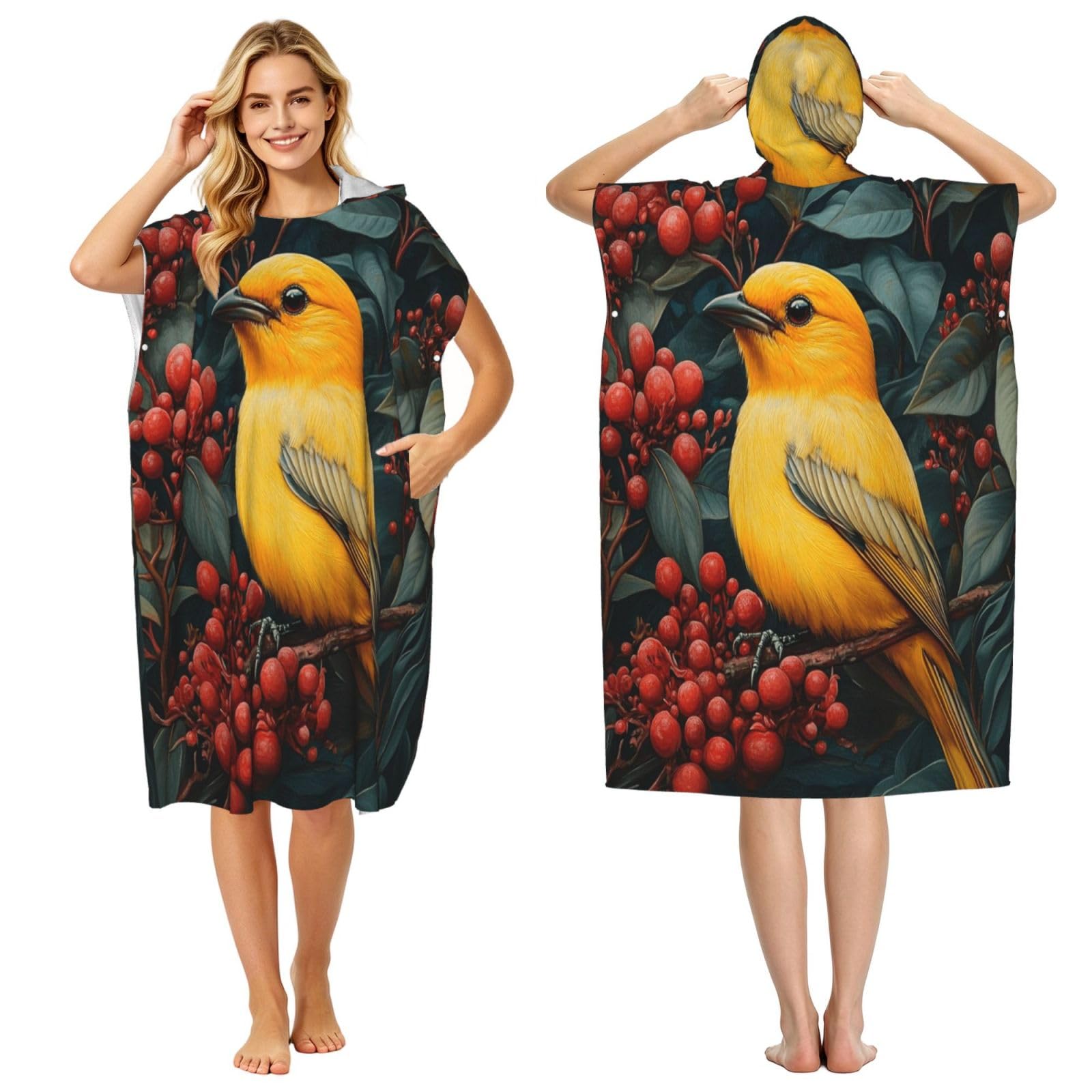KLGRTJHK Birds In Fruit Trees Adult Hooded Beach Poncho Towel 43"X35"