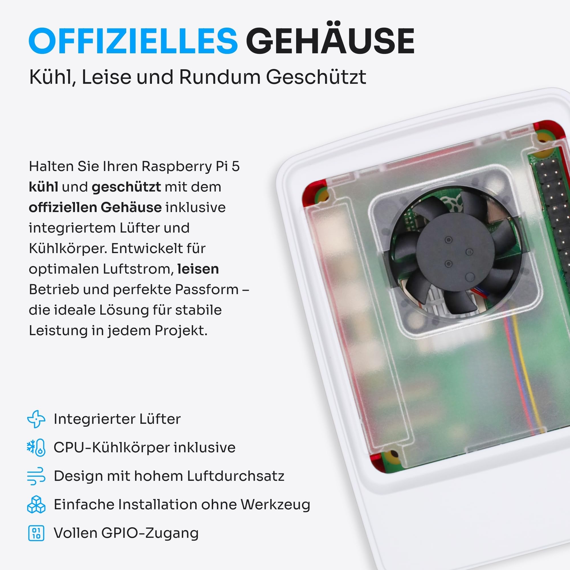 Starter-Set für Raspberry Pi 5 2 GB - Essential Edition | 27 W Netzteil | Gehäuse mit integriertem Lüfter und Kühlkörper | 4K 60 Hz Micro-HDMI-Kabel
