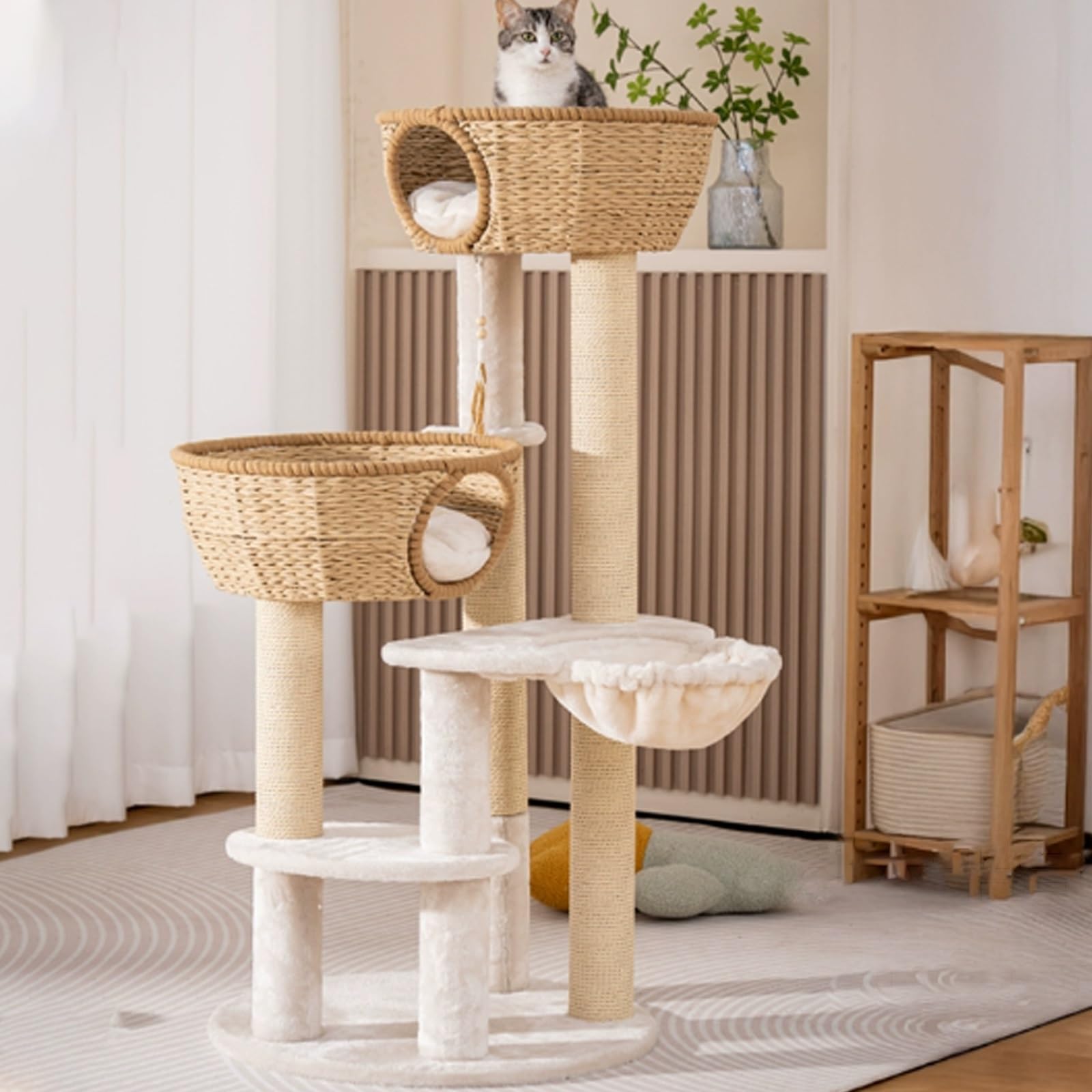 Centro de actividades para gatos, torre moderna para gatos con poste de sisal para rascar y juguetes colgantes, diseño resistente para gatos adultos