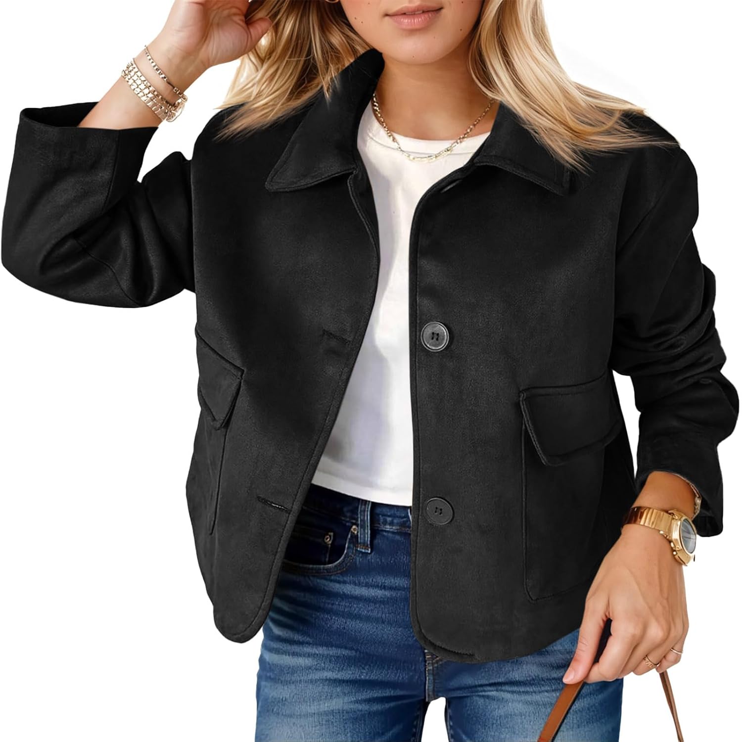 Tankaneo Womens Faux Suede Leather Jackets Casual Cropped Coats Vintage Button Down Shackets