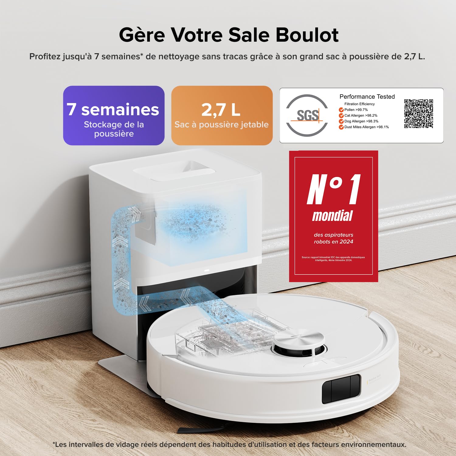 roborock Q10 S5+ Aspirateur Robot Laveur avec Station, 10000 Pa Aspiration, Vidage Automatique, Double Anti-emmêlement, Système VibraRise 2.0, Navigation & Cartographie, Évitement d'obstacles, APP