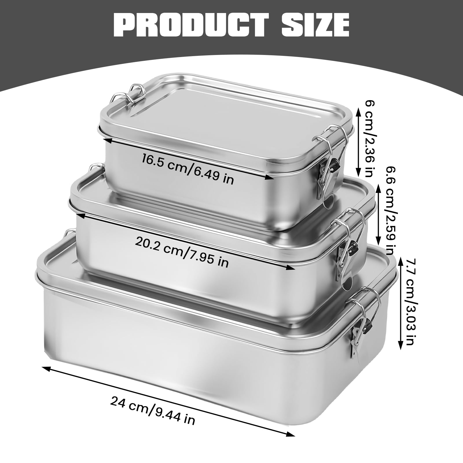 BORDEAG Pudełko śniadaniowe ze stali nierdzewnej, 850 ml, 1400 ml, 2400 ml, stal nierdzewna, pudełko na lunch, metalowe, z przegródkami, wyjmowane, pudełko na kanapki, pudełko na przekąski, pudełko na