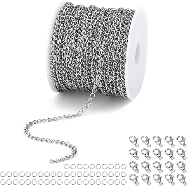33 Feet Curb Chain for Necklace Making Stainless Steel Jewellery Chains with 50 Jump Rings 20 Lobster Clasps (Width,2.5mm)