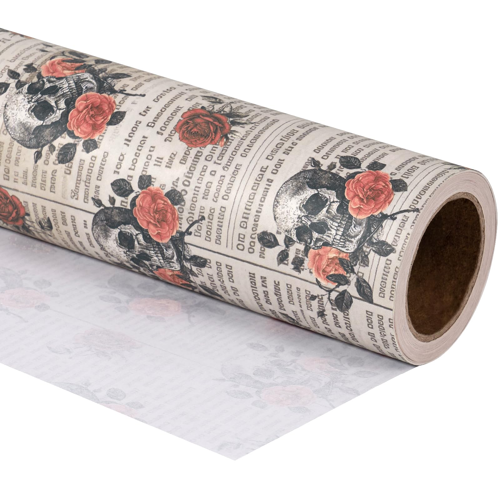 RUSPEPA Vintage Kraft Mini Wrapping Paper Roll, Red Rose & Skull Gothic Pattern for Halloween Party and Mysterious Gift Wrapping, 43.2cm x 5m