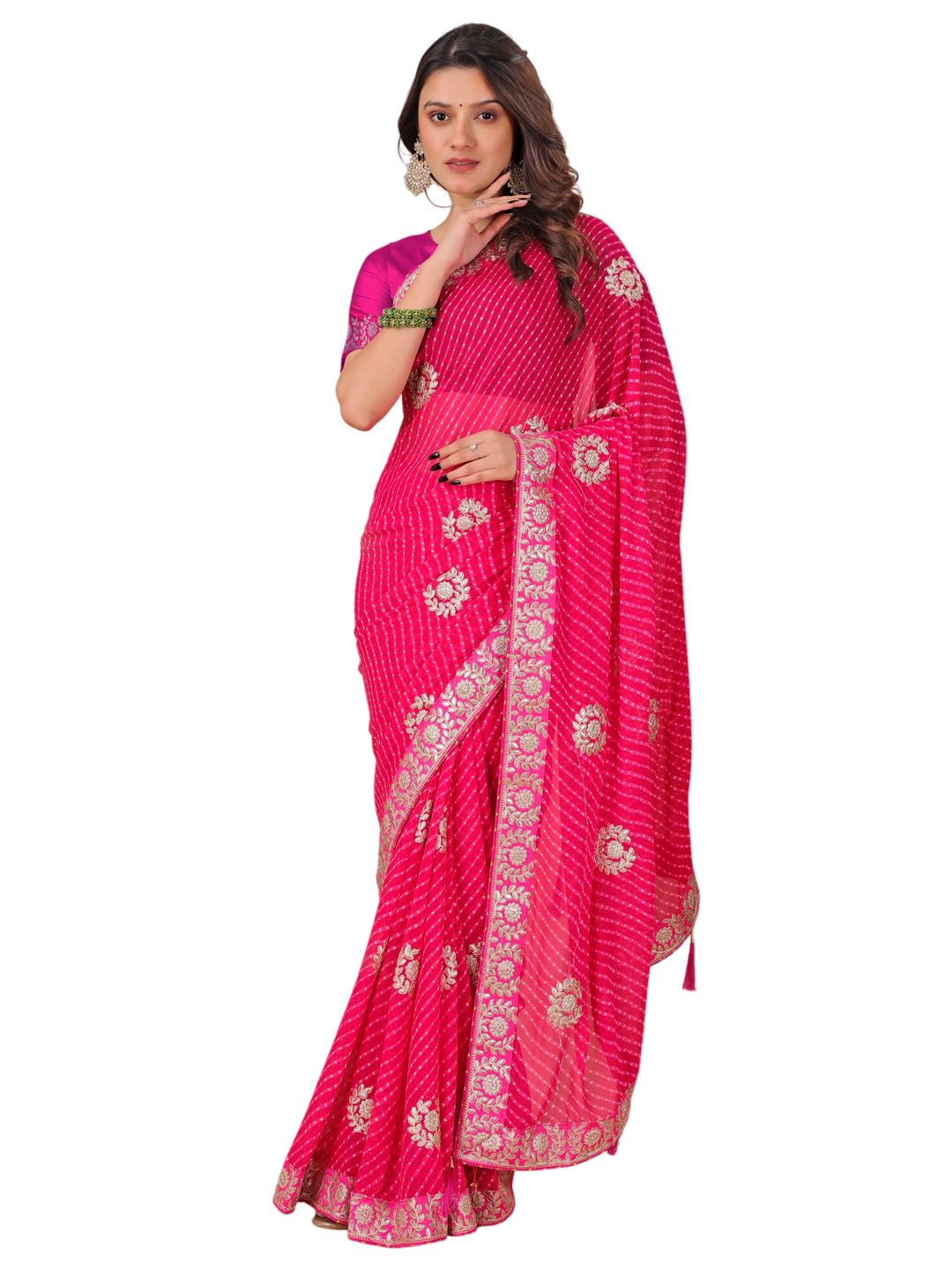Women's Georgette Bandhani Print Saree with Unstitched Blouse Piece And Lace Border-image-45