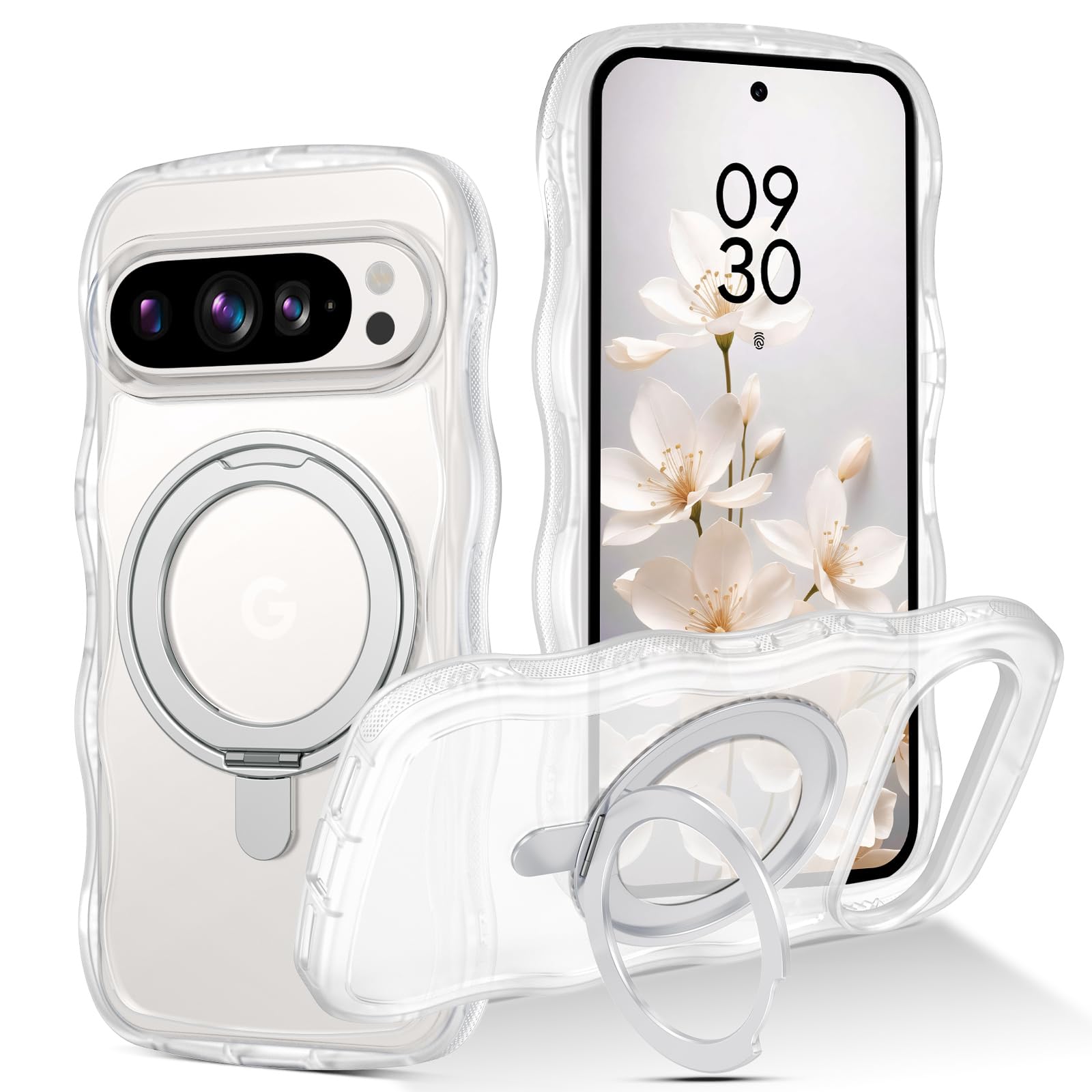 GUAGUA ぐーくるぴくせる10/10 Pro ケース ウェーブ 360°回転スタンド Magsafe対応 ワイヤレス充電 google pixel 10 ソフト うねうね 人気 韓国 耐衝撃 超軽量 薄型 おしゃれ 黄ばみなし pixel 10 Pro ケース 米軍規格 耐衝撃 マグセーフ リング マグネット搭載 pixel 10/10 Pro なみなみ カバー（白い）