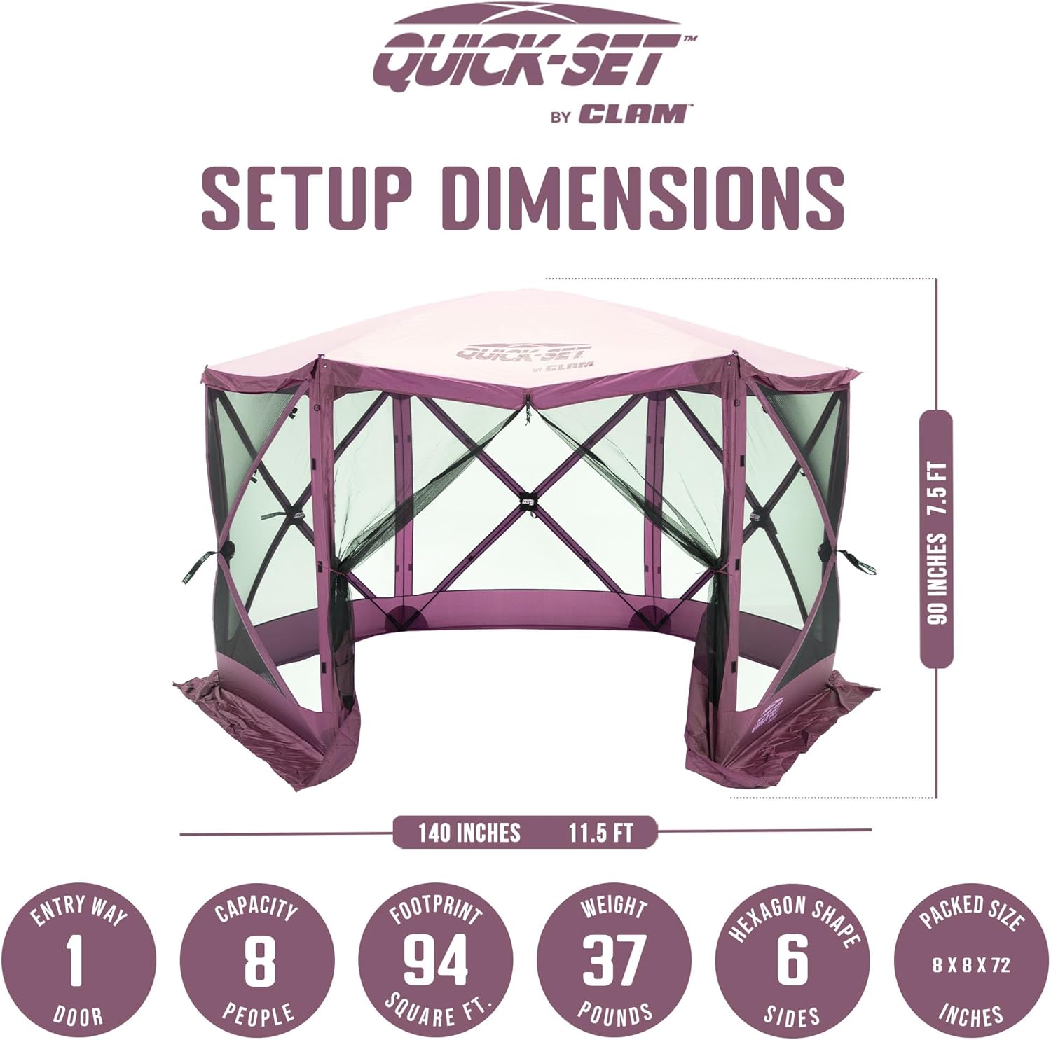 CLAM Pop-Up Screen Tent, 11.5' Outdoor Camping Gazebo, Portable 6-Sided Canopy with Ground Stakes & Carry Bag, Escape, Plum
