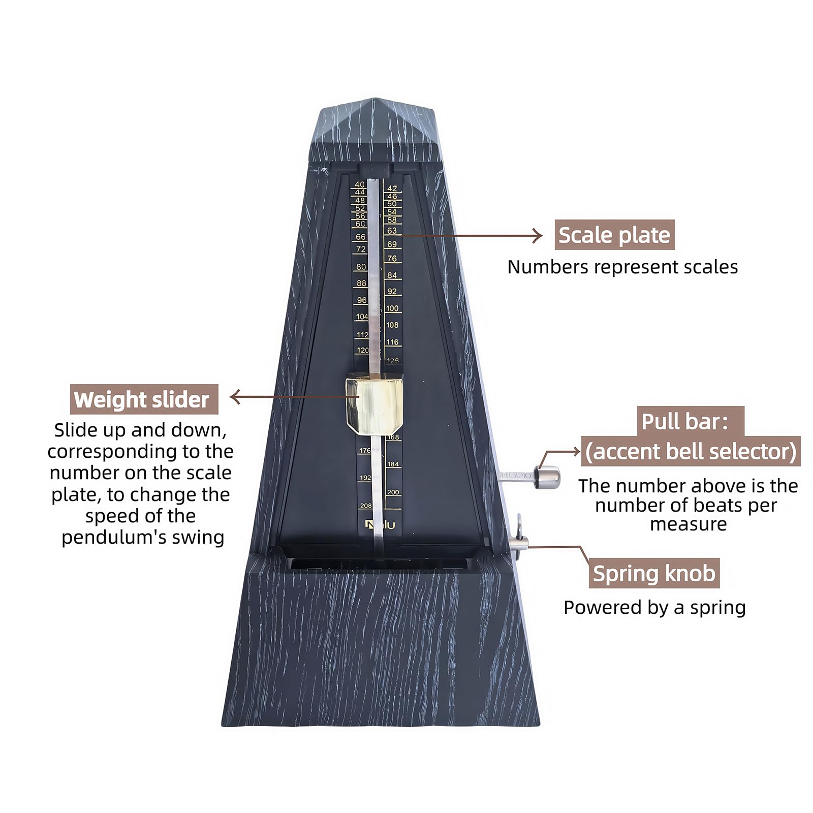 NALU Metrónomo - Diseño mecánico clásico de cuerda con campana para piano, guitarra, violín y todos los instrumentos (grano de madera en T, negro)