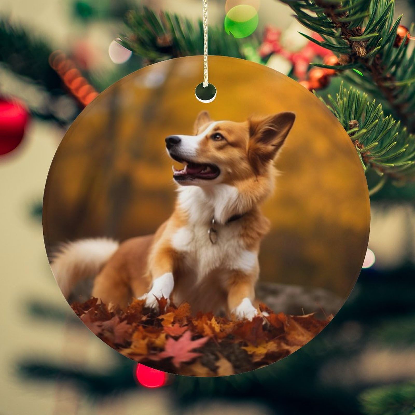 Dog Fall Christmas Ornament for Christmas Tree Ceramic Round Ornament Winter Holiday Keepsake Gift 2.7" Christmas Tree Hanging Decorations Circle Ceramic Pendant Xmas Gift