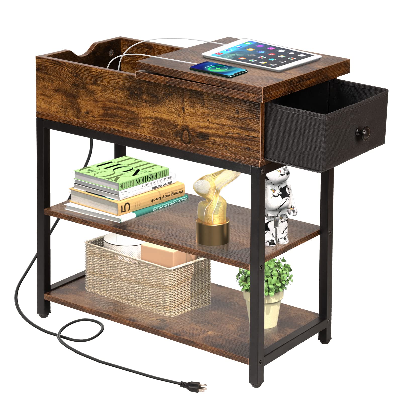 Photo 1 of Yoobure End Table with Charging Station, Flip Top Side Table with Fabric Drawer, Narrow Nightstand with USB Ports and Outlets for Small Spaces, Sofa Couch Table Bedside Table for Living Room Bedroom Dark Brown With Drawer