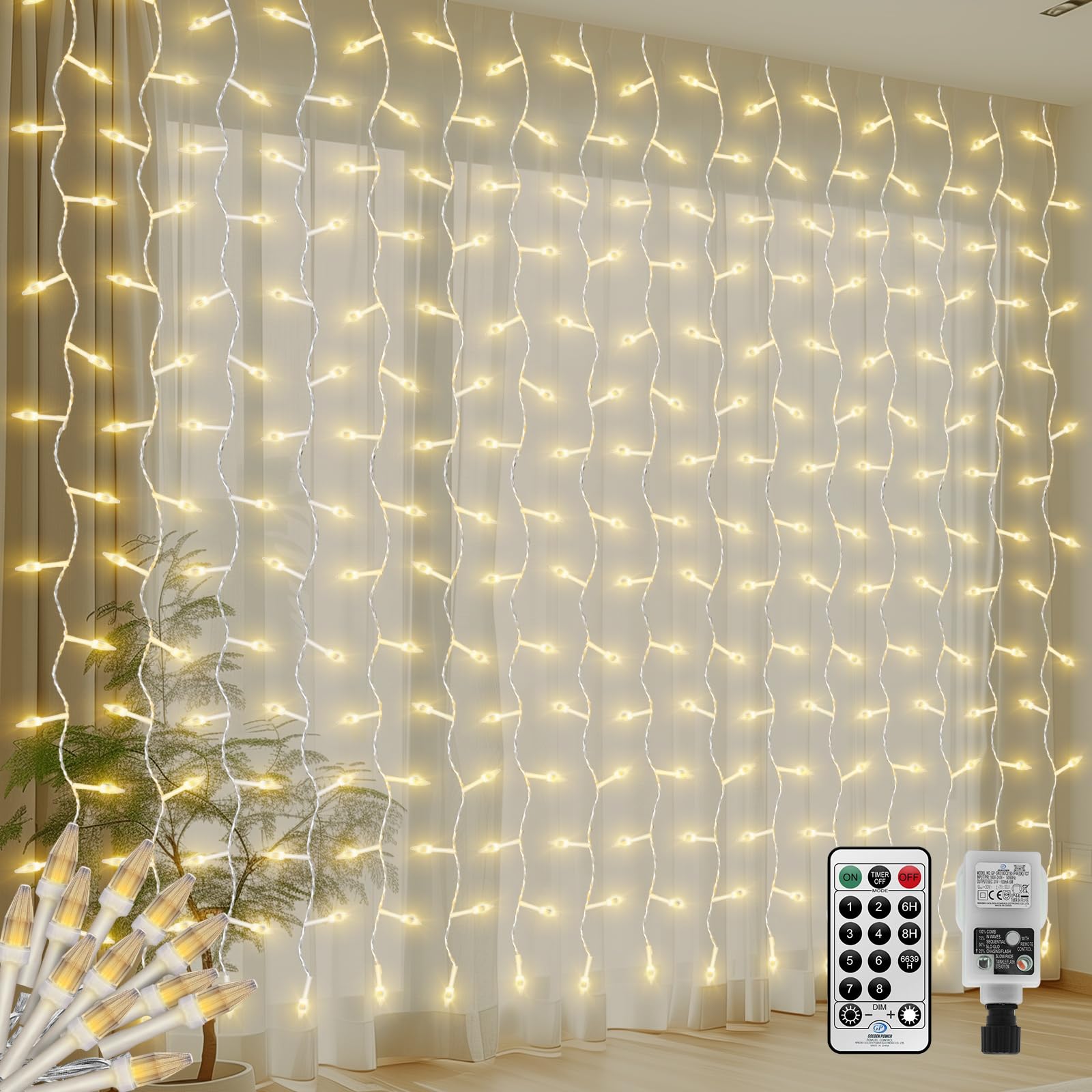Cortina Luces Navidad,4 x 2 m 300 LEDs,cortina de luz exterior con enchufe,cadena de luces de lluvia helada para Navidad,decoración de vacaciones,bodas,blanco cálido