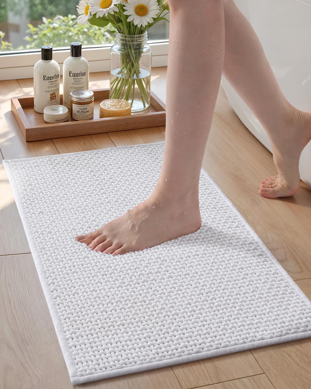 Color&Geometry Rubber Backed Waffle Bath Mat 24x16, Non Slip Machine Washable Bathroom Rugs, Soft Absorbent Chenille Boho Carpet for Bathroom Floor,