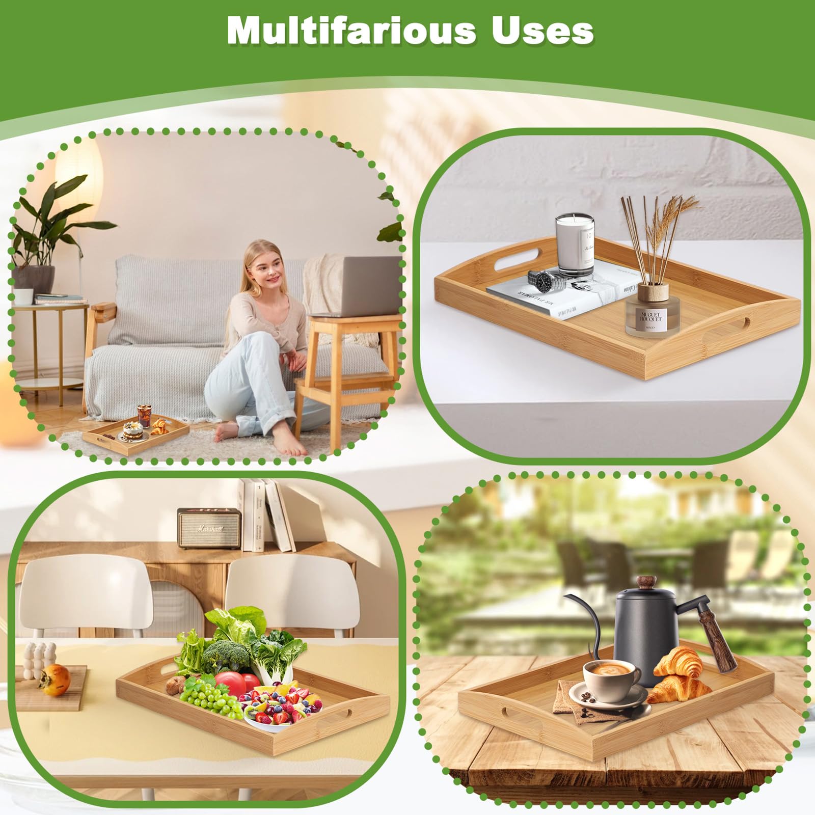 Vassoio In Legno Vassoio Portata In Bambù Naturale, 45x33x5 Cm, Con Manici, Per Colazione O Snack Accessorio Casa Naturale