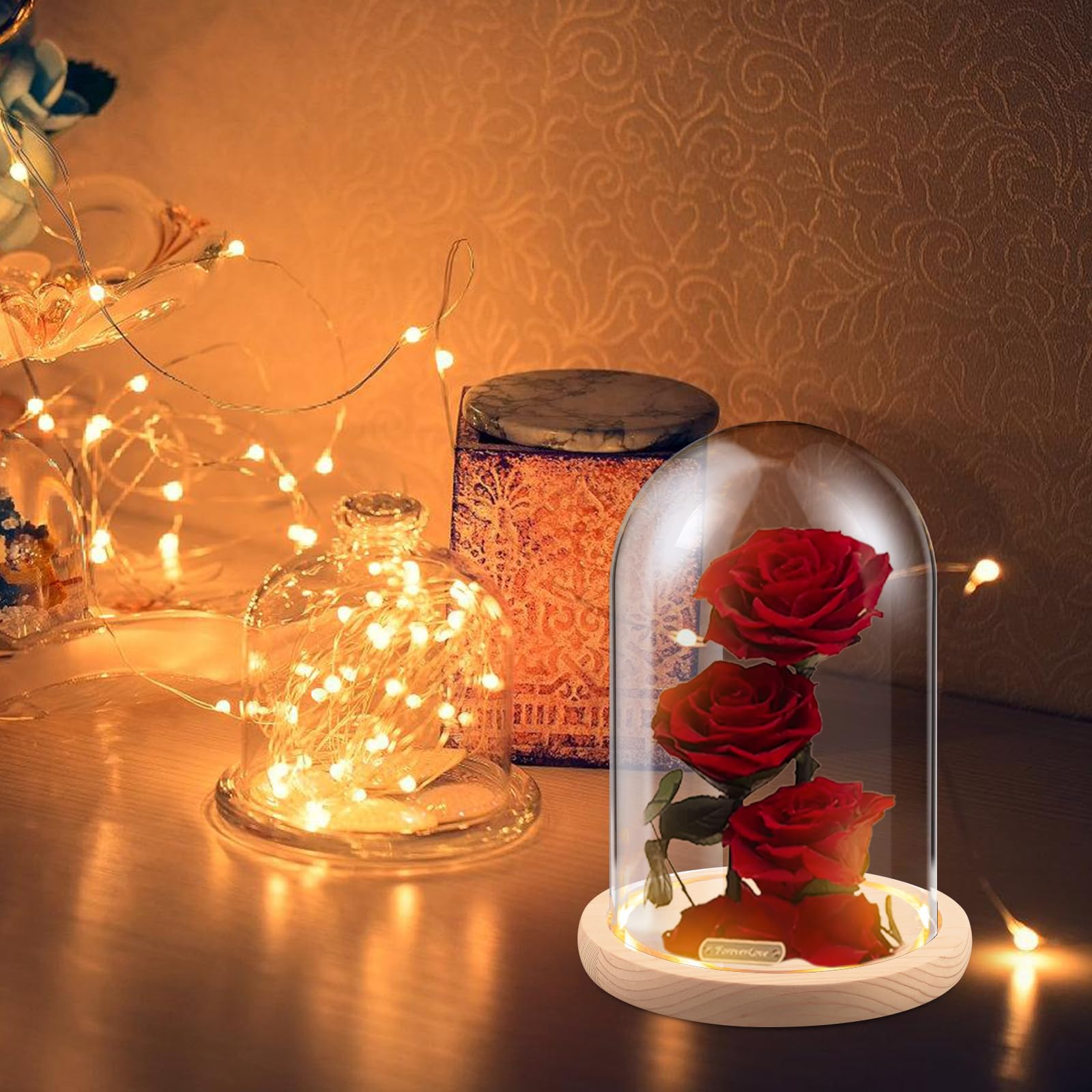 PORFOYO Campana in vetro con fondo in legno, decorazione a cupola di vetro, 12 x 16 cm, per bambole, candele