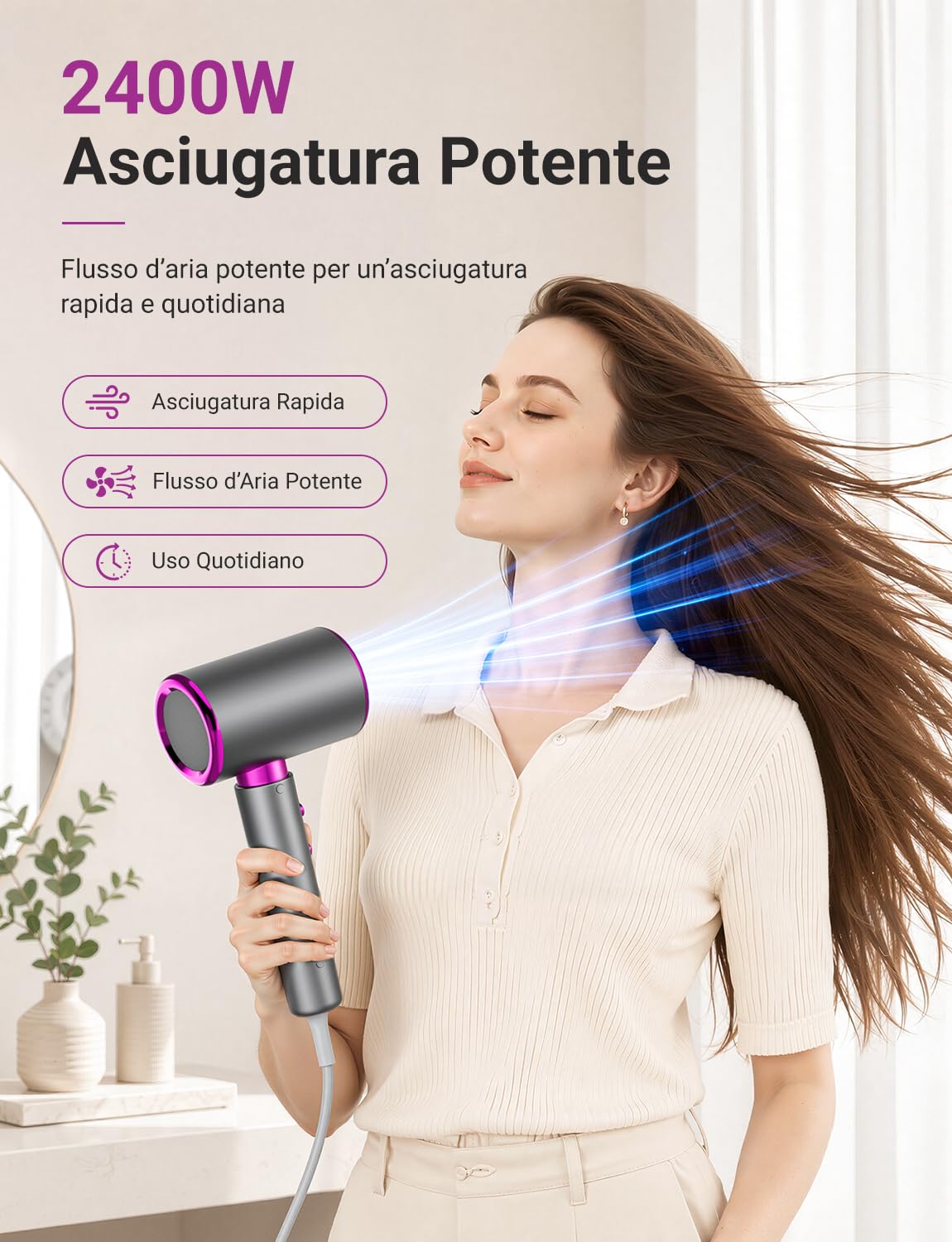 Asciugacapelli 2400W con Diffusore e Concentratore | Phon Capelli Potente, 3 Temperature e 2 Velocità, Getto Freddo, Asciugatura Rapida per Capelli Ricci e Lisci