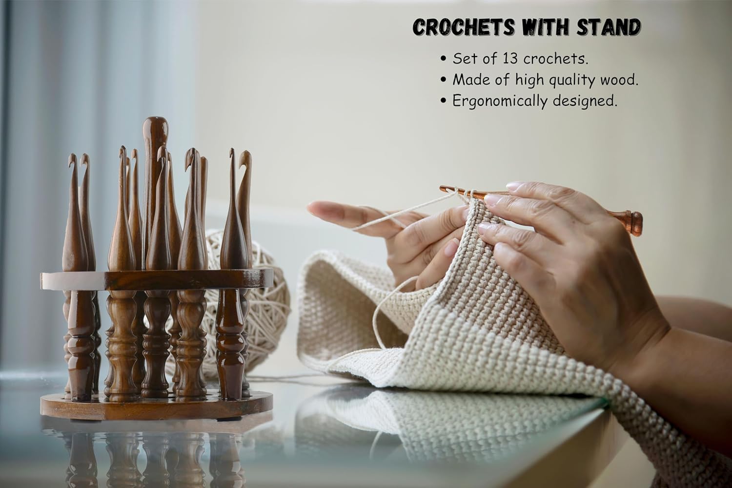 13-Piece Wooden Crochet Hook Set with Stand – Sizes 3.5mm to 12mm, Smooth Bamboo Crochet Hooks for Yarn, Ergonomic Knitting & Crochet Tools for Beginners & Experts