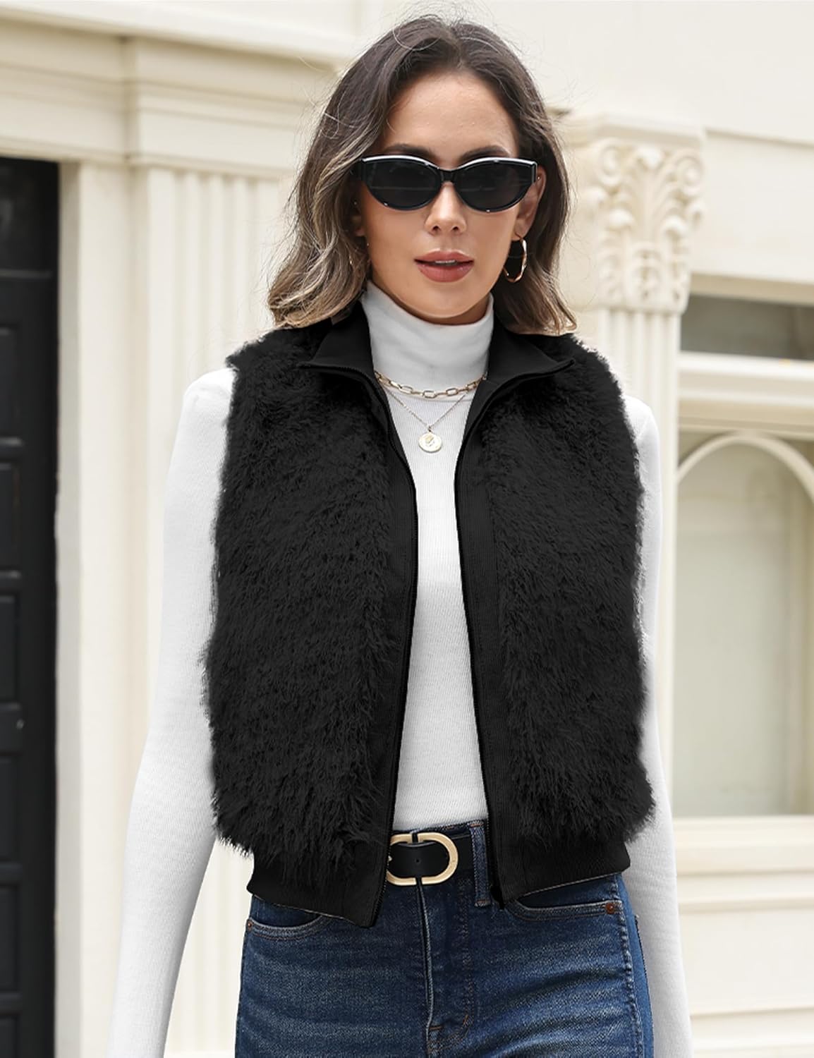 FIOPHY Womens Faux Fur Vest Lapel Collar Sleeveless Zip Up Cardigan Vest Top Fuzzy Coats Jacket Fluffy Outwear with Pockets - Image 2
