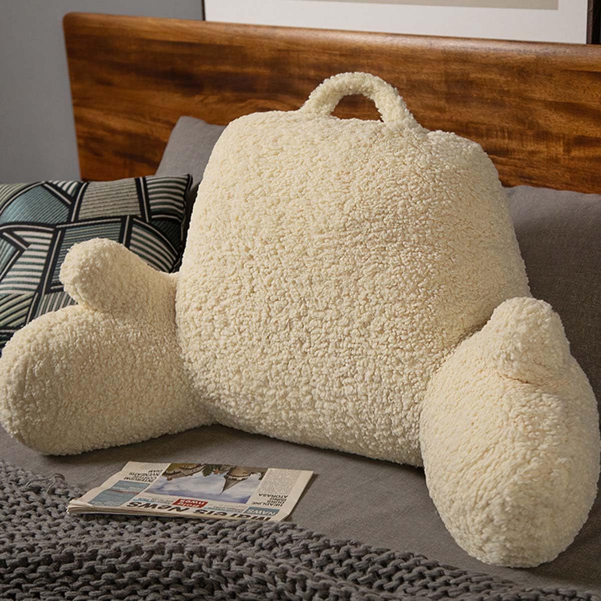Sherpa-fleece leeskussen met afneembare hoes, zachte wigvormige lendensteun rugleuning, armleuningen, zacht bedrustkussen om te zitten, boeken te lezen of gamen