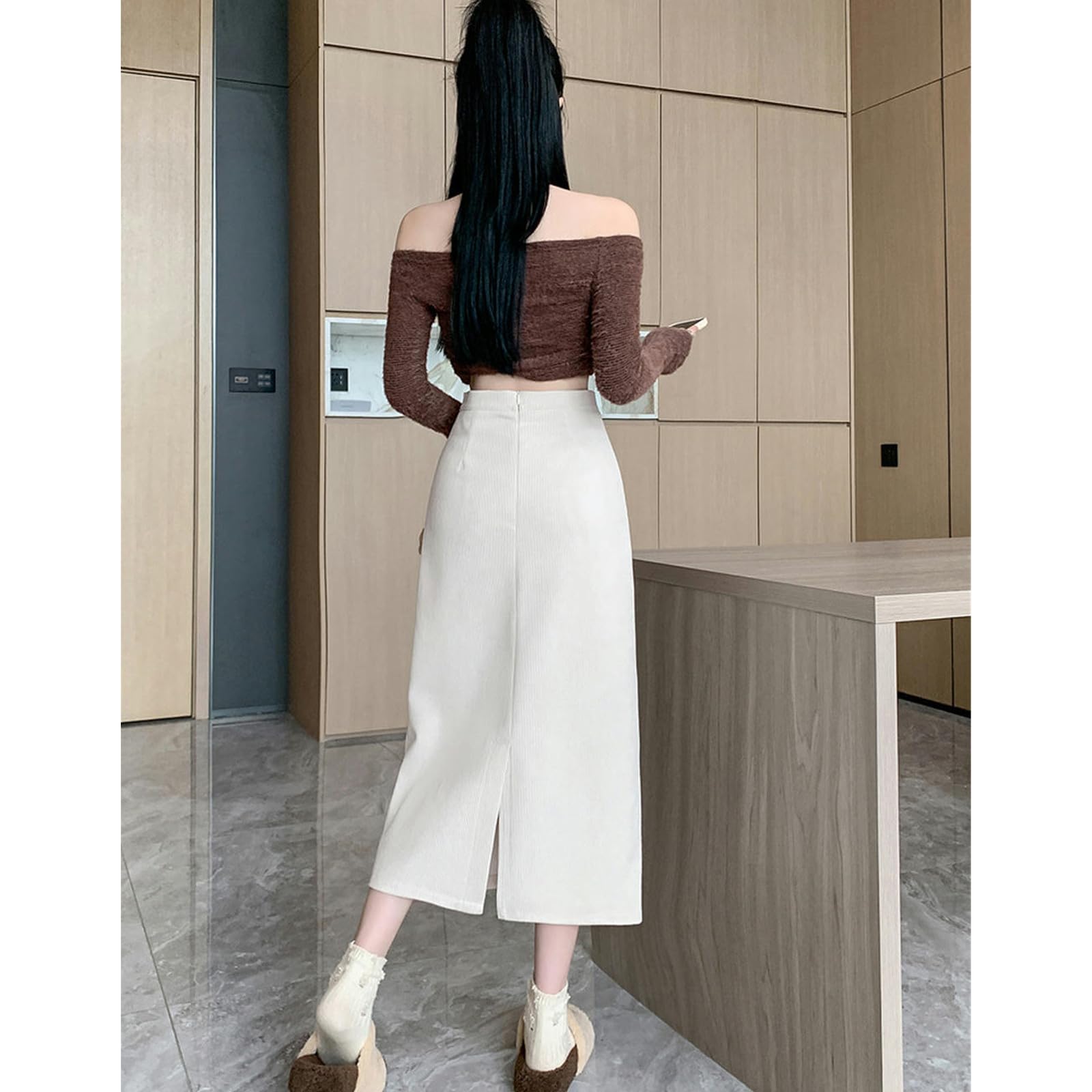 Röcke Damen Cord -midi -Rock - Hoher Taillierter A -line Midi, Vielseitiger Herbst Winterstil Frauenröcke Schlanker Passform Und Wärme-braun-XL