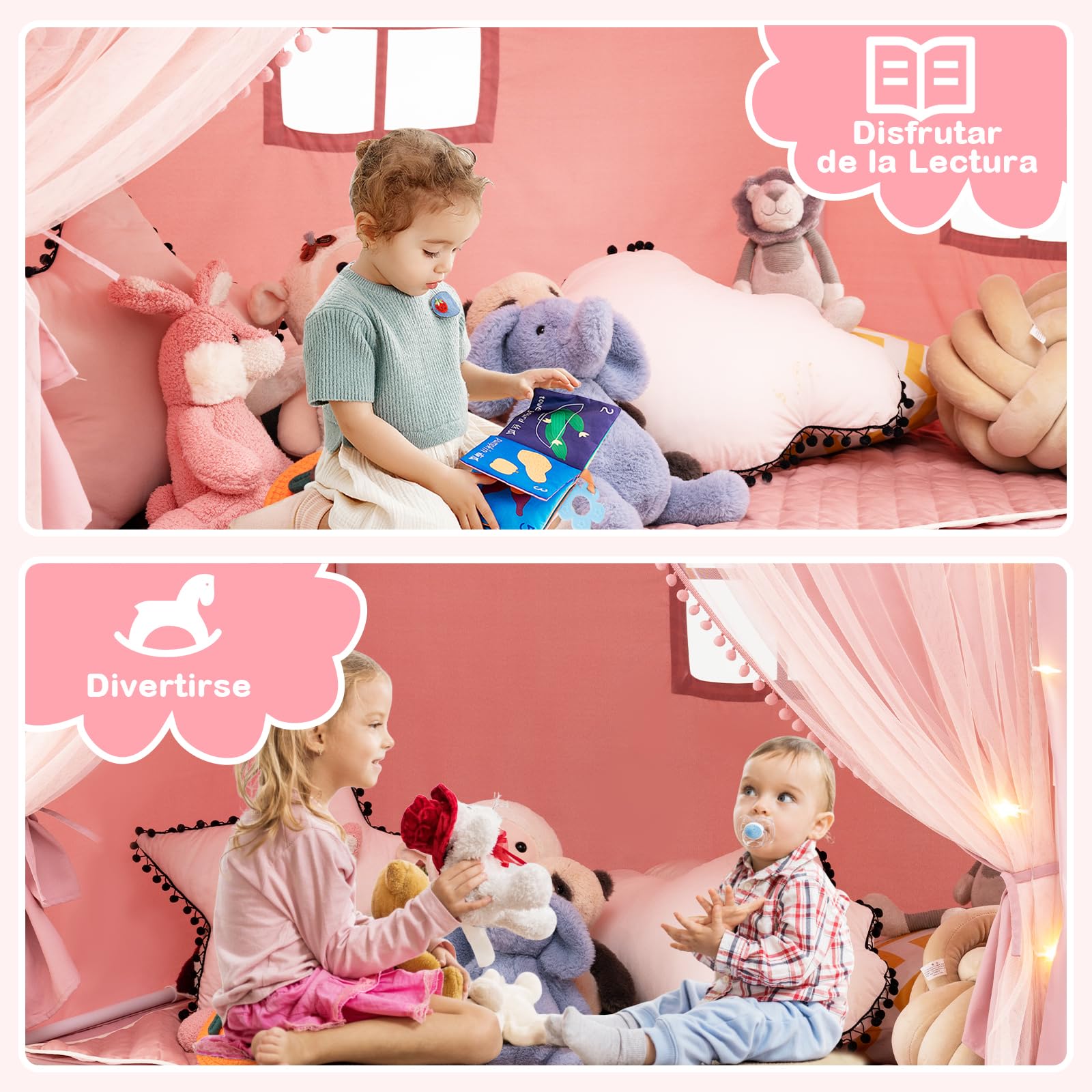 COSTWAY Tienda de Campaña Infantil, Tienda Tipi Infantil con 2 Cortinas de Tela y Malla, Luces de Estrellas, 2 Ventanas Transpirables, Almohadilla de Algodón, Casita Niños Tela para 3-4 Niños (Rosa)