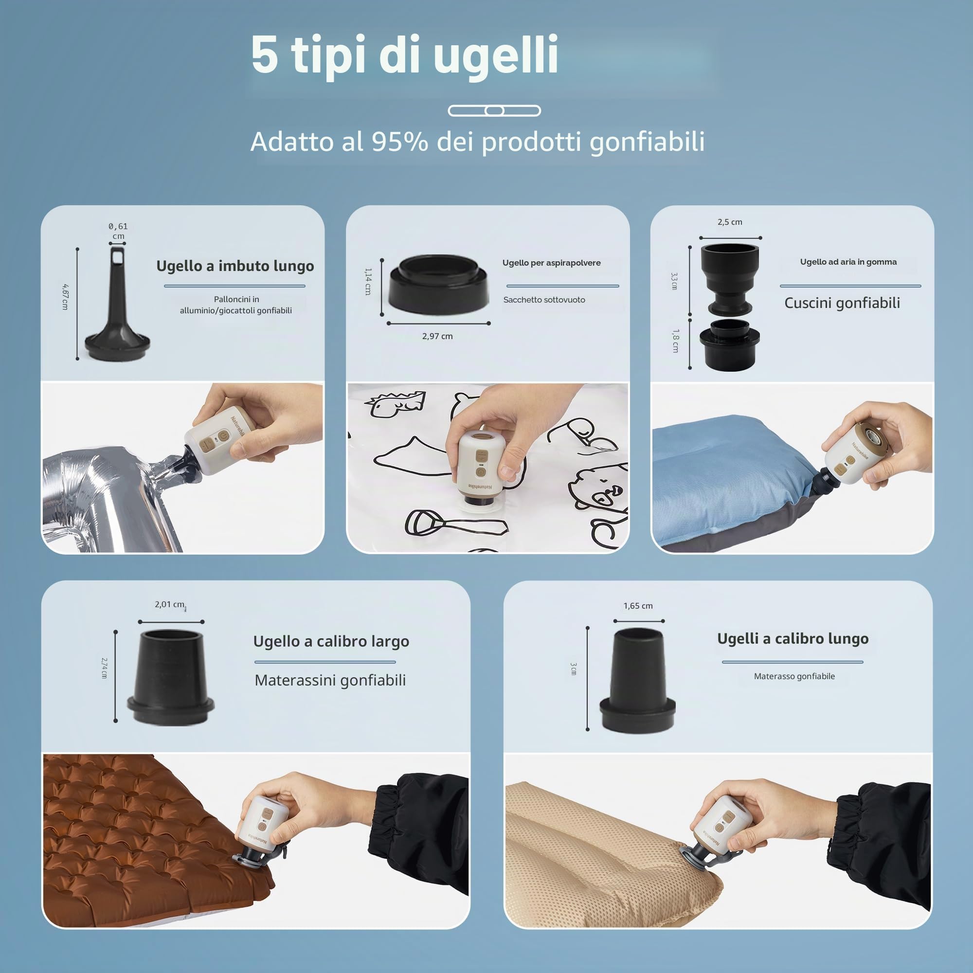 Naturehike Wind-Mini Pompa ad Aria USB-C Ricaricabile 1600 mAh - Portatile Elettrica per Campeggio Con Luce e 6 Ugelli