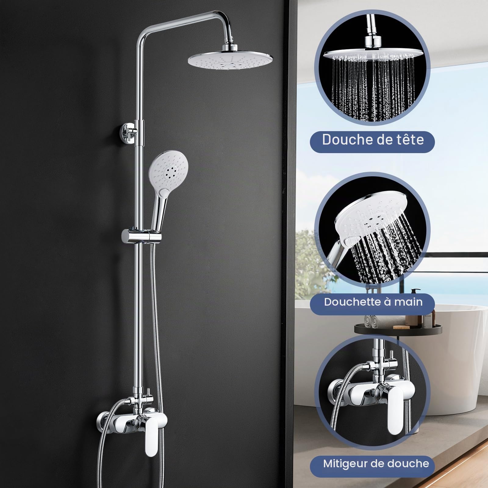 Namuoto Colonne de Douche avec Mitigeur, Ensemble de Douche, Systeme de Douche, Chromé