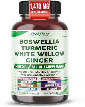 Boswellia Complex 1470 mg with Turmeric, White Willow, Ginger & Collagen Peptides | Joint Mobility & Digestive Wellness Support | 150 Capsules, Non-GMO, Gluten Free*