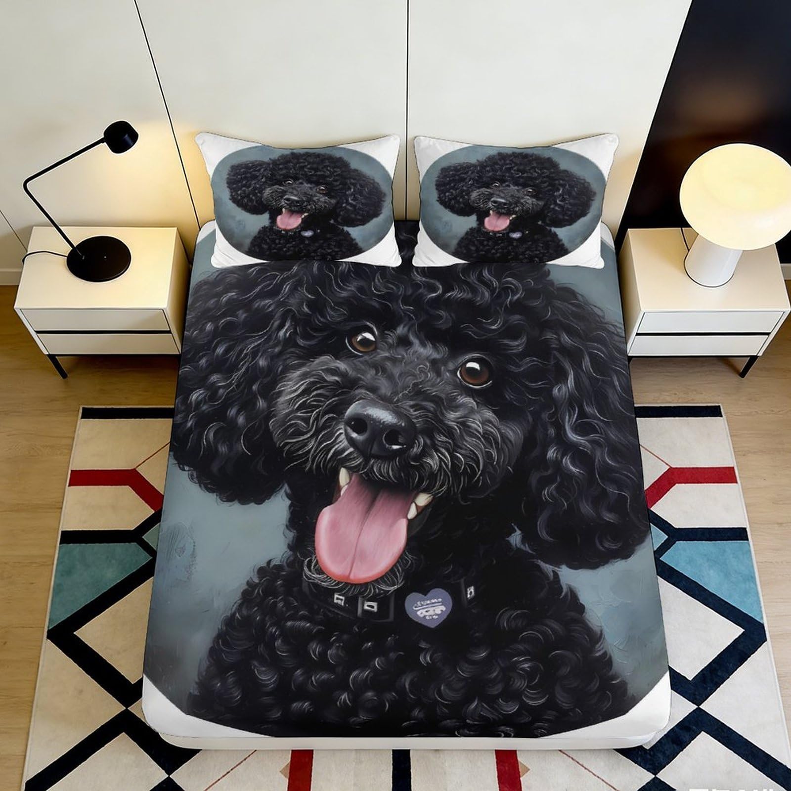 3D Printed Black Poodle Dog Fitted Sheet Microfiber Soft Durable Black Dog Pattern Mattress Cover for Bedroom Dormitory Guest Room Bed Protection 160x200x25cm