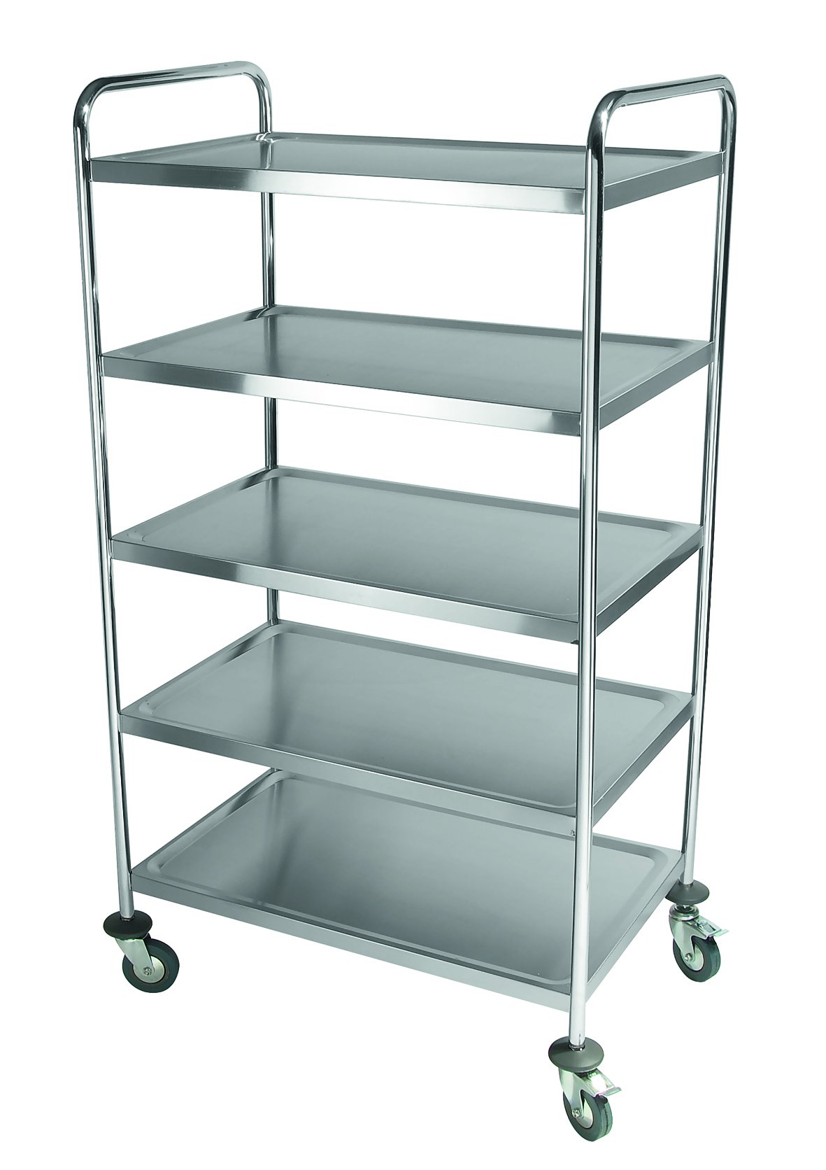 Camarera de acero inoxidable – 4 ruedas giratorio con protección de rodapié, de los cuales 2 con tope, Capacidad de Carga: aprox. 75 kg pro Bord, artículo se debe montado en/5 Bordeaux – Dimensiones: 85 x 54 x 154 cm, medidas Bord: 83 x 51 cm, distancia: