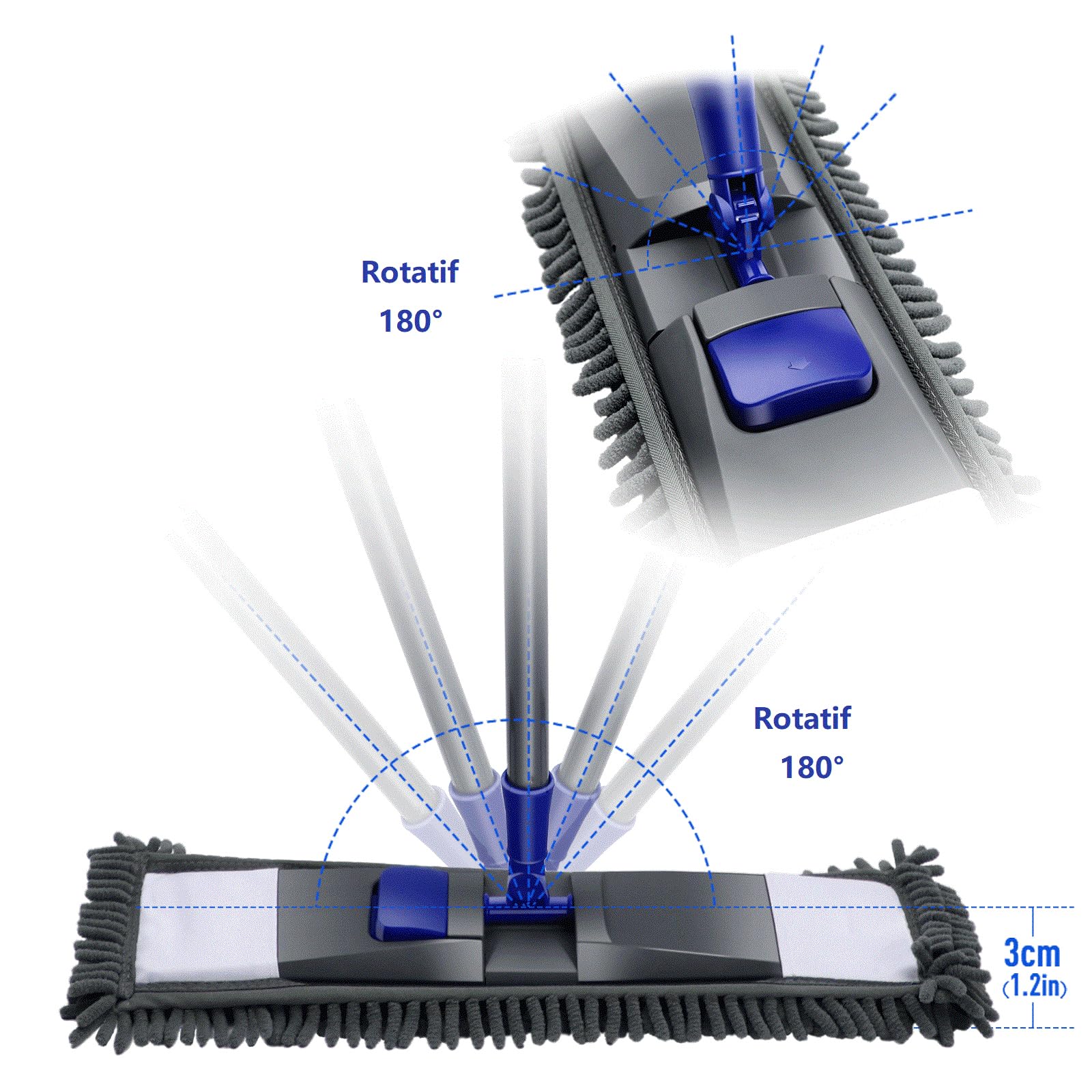 MASTERTOP Fregona Largo de Microfibra Giratoria 360° Mopa Plana de Chenille para Limpieza de Suelo Seco y Húmedo con 4 Cabezales Trapeador Grande con Palo Acero Inoxidable para Hogar y Cocina