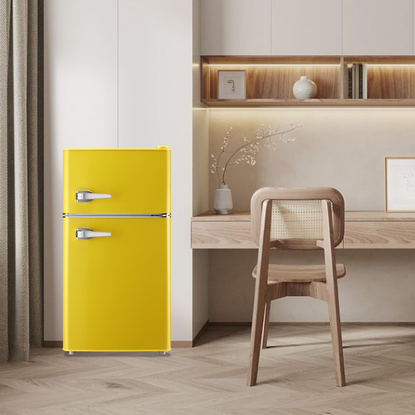 WANAI 3.5 Cu.Ft Mini Fridge With Freezer Small Retro Dual Door Refrigerator Freestanding Compact Refrigerator With Freezer 2 Door Mini Fridge For Bedroom, Dorm, Office, Cream, Yellow on Fridge.com - View 6