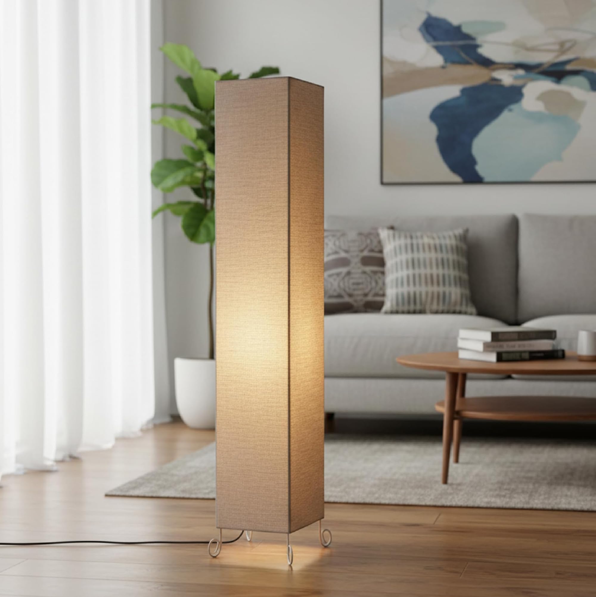 Beige Square Floor Lamp with Fabric Shade – Tall Standing Column Light for Living Room, Bedroom & Office – Soft Ambient Corner Lighting-image-44