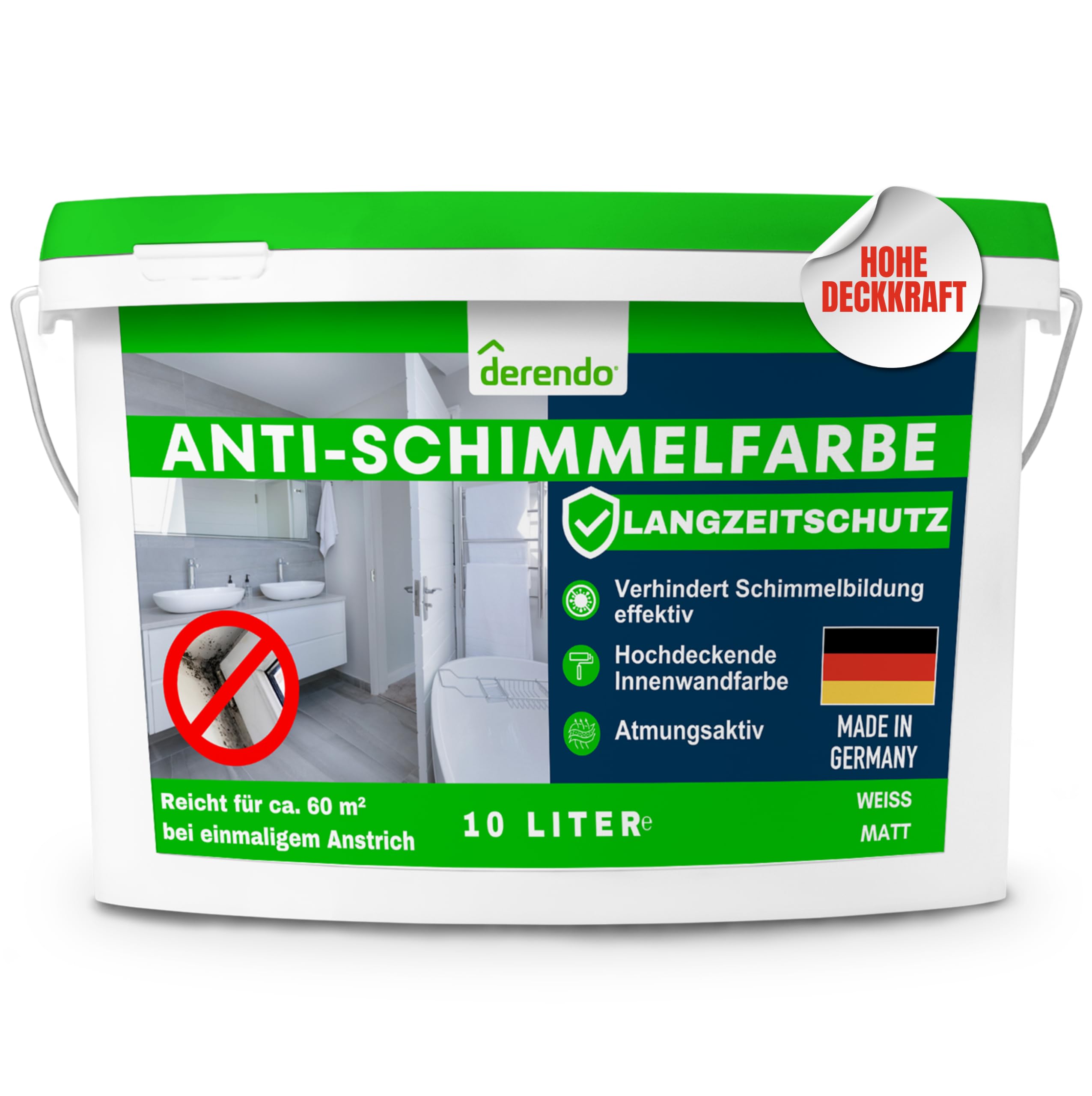 derendo Anti-Schimmelfarbe Weiß 10 L – Wandfarbe gegen Schimmel, Feuchtraumfarbe für Badezimmer, Küche & Schlafzimmer