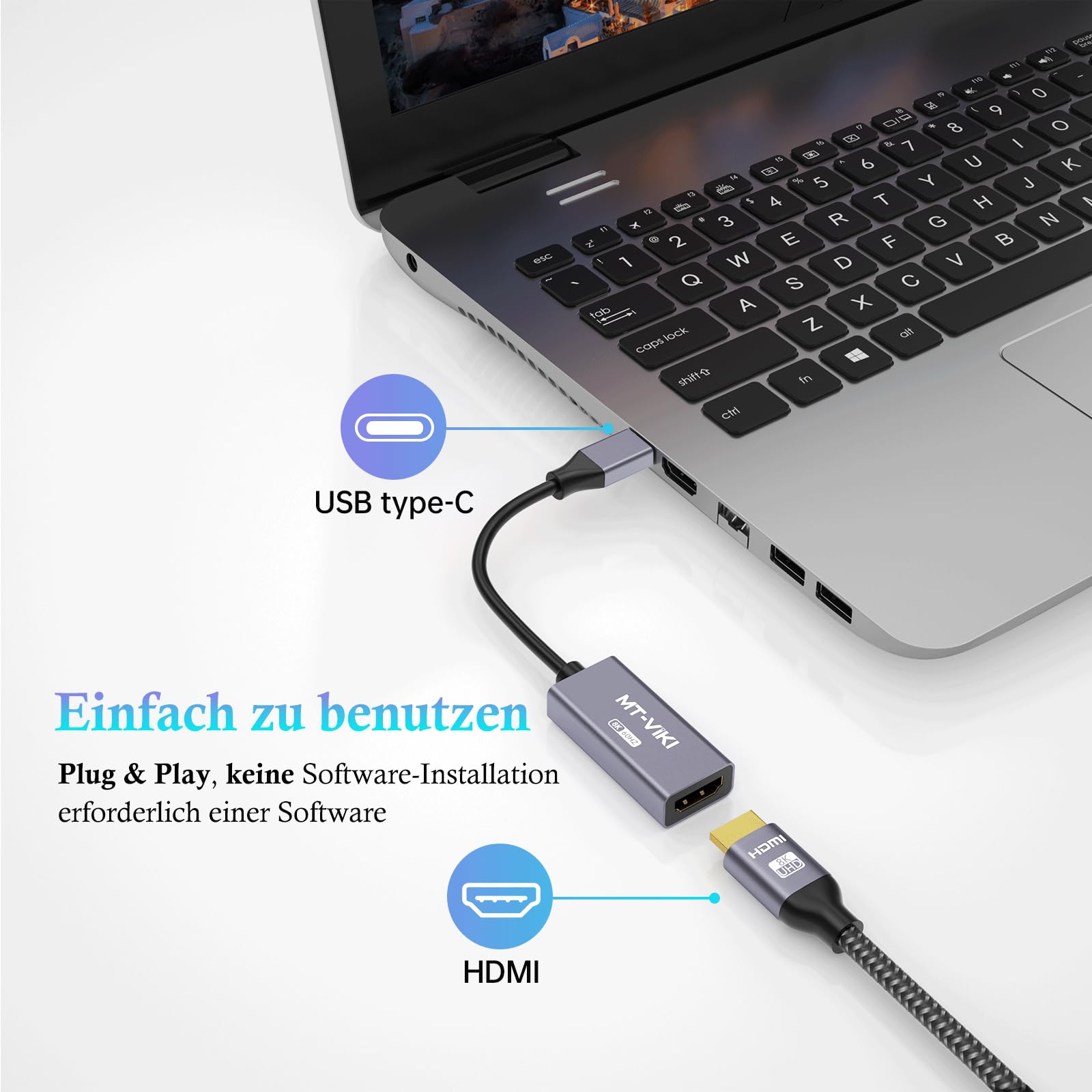MT-VIKI Adapter 4K 120 Hz/8K 60 Hz USB C na HDMI, adapter Thunderbolt 3/4 USB C na HDMI 2.1, kompatybilny z MacBookiem iPad Surface Galaxy Dell i innymi 48 Gb/s