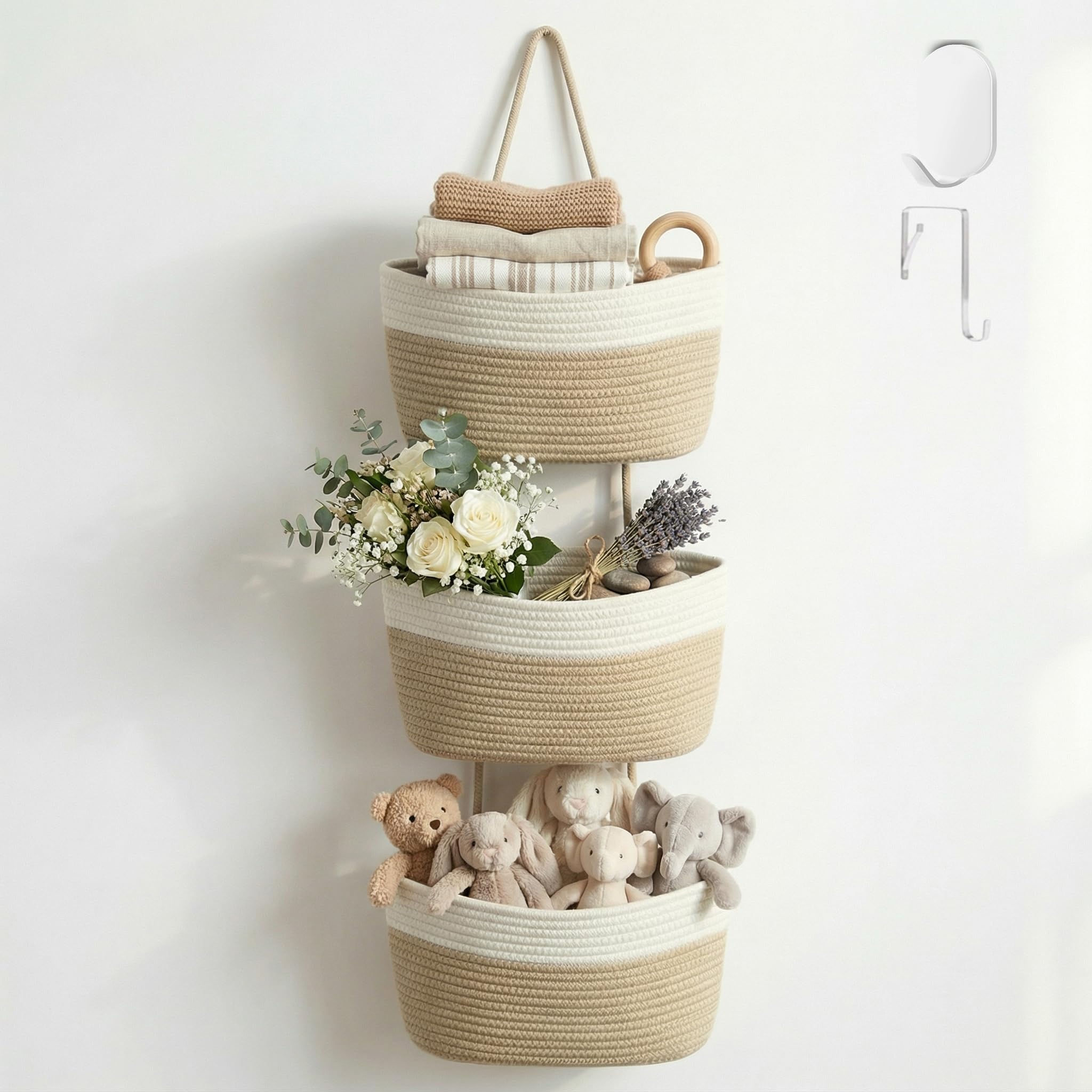 Wycoroy 3-Tier Cotton Rope Wall Hanging Storage Baskets, Woven Over The Door Hanging Organizer for Bathroom Bedroom Living Room Nursery, Boho Hanging