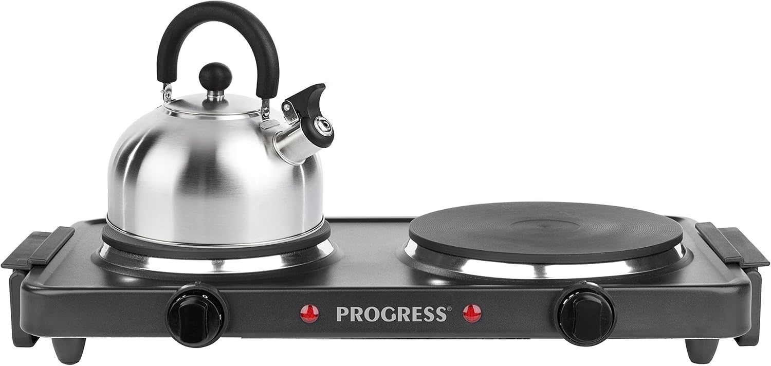 Progress EK4399P Electric Twin Hot Plate Dual Temperature Controls,Portable Hob Rings,Easy Grip