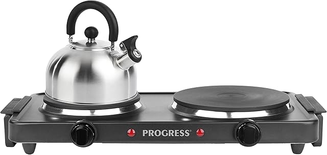 Progress EK4399P Electric Twin Hot Plate, Dual Temperature Controls, Portable Hob Rings, Easy Grip Carry Handles, Non-Slip Tabletop & Outdoor BBQ Cooking, 1000W & 1500W For Warming, Frying & Boiling