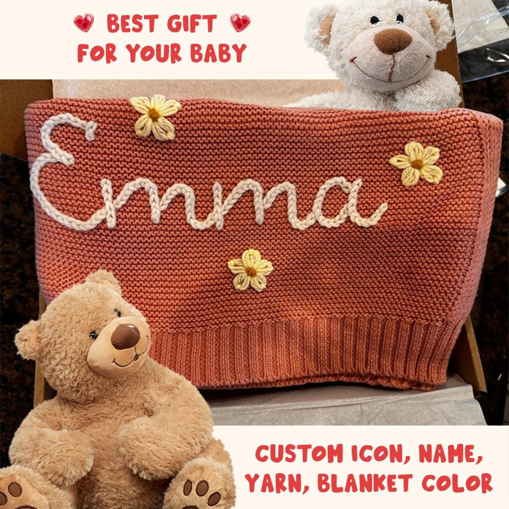 Custom Baby Blanket with Name, Personalized Embroidered Baby Knit Blanket, Gifts for Kids Girl, Boy, Birthday Christmas Nursery Gifts