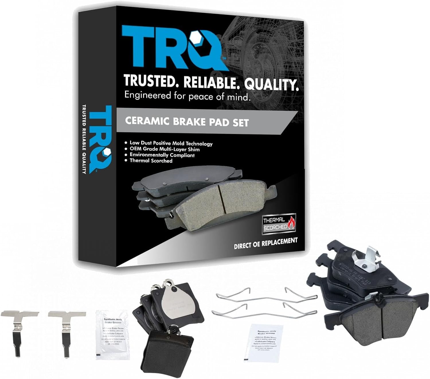 TRQ Front and Rear Brake Pad Set Ceramic Hardware Compatible with 2004-2008 Chrysler Crossfire 1996-2002 Mercedes-Benz E320 1998-2002 E430 2000-2003 CLK320 2001-2003 CLK430 2001-2004 SLK320