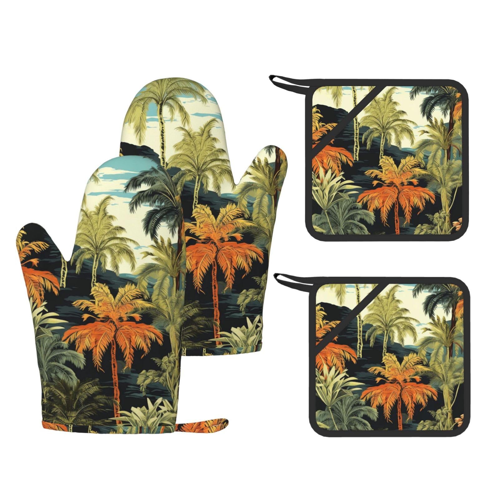 4 Pcs Kitchen Oven Mitts Tropical Tree with Palm Trees Oven Mitts and Pot Holders Non-slip Silicone Kitchen Gloves for Cooking Baking Grilling Kitchen Essentials