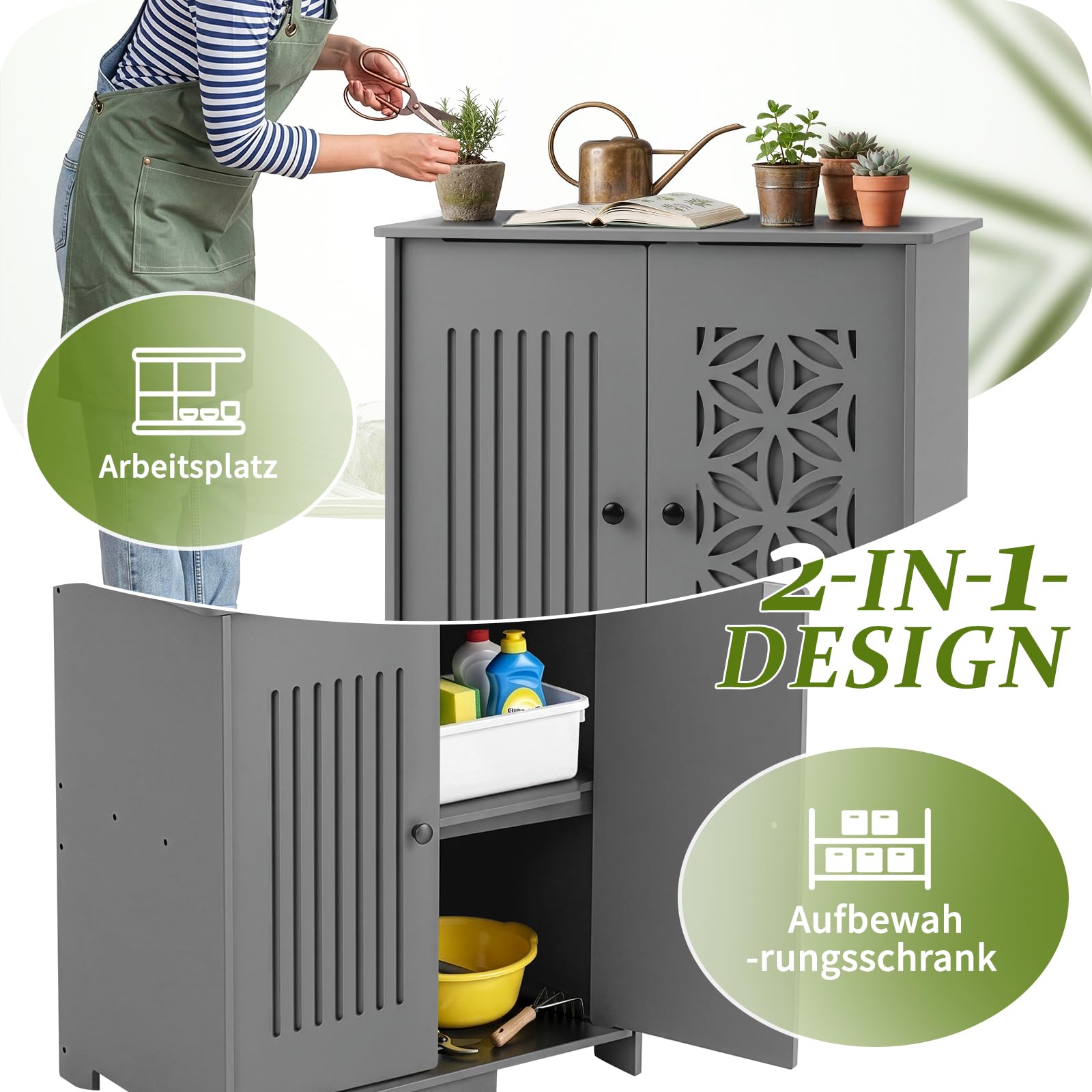 Gartenschrank wetterfest Outdoor, 69 x 43,5 x 73 cm, Hochwertiges PVC-Material, Leicht zu pflegen und zu reinigen, Geeignet für den Innen- und Außenbereich, Grau