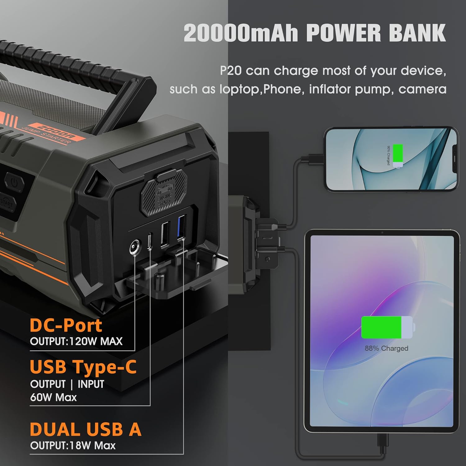 Car Battery Jump Starter 2000A 20000mAh - MaxAngel 12V Portable Jump Starter Box (Up to All Gas or 12L Diesel), Car Battery Booster Pack, Lithium Power Bank Charger with USB QC 3.0, Type C, LED Light