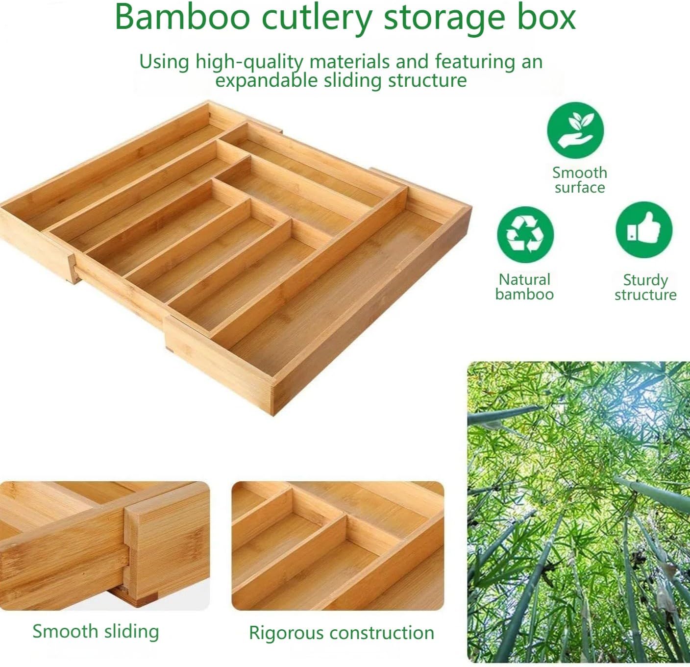 Bamboo drawer organizer for silverware and kitchen utensils - expandable wooden drawer organizer with Durable Smooth Finish, Eco-friendly Sustainable design