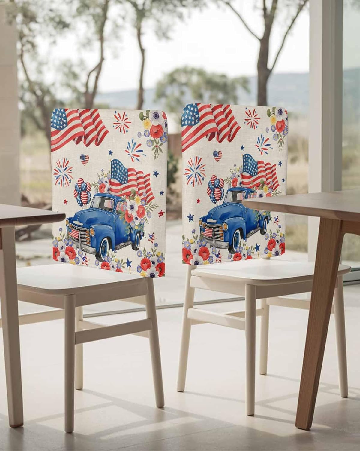 Dining Room Chair Covers Back Slipcover Set of 4, July 4th Independence Day Truck Stretch Chair Protector for Kitchen Hotel Restaurant Home Decor Removable Washable Chair Slipcover