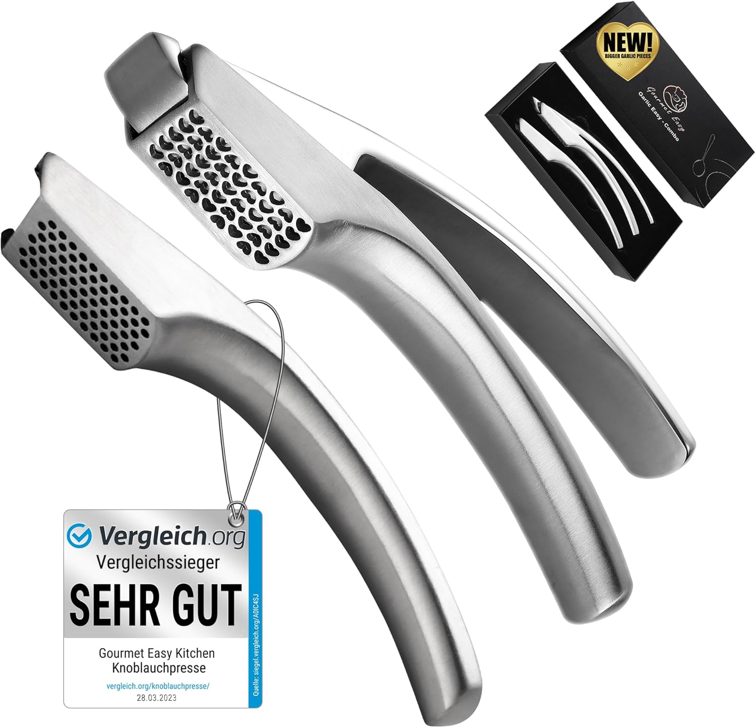 Knoblauchpresse Edelstahl Set mit 2 Aufsätzen | Knoblauch Presse für Knoblauchpaste &amp; Stücke | Garlic Press für Knoblauch &amp; Ingwer (kein Schälen notwendig) | Spülmaschinenfest Lebenszeit-Garantie