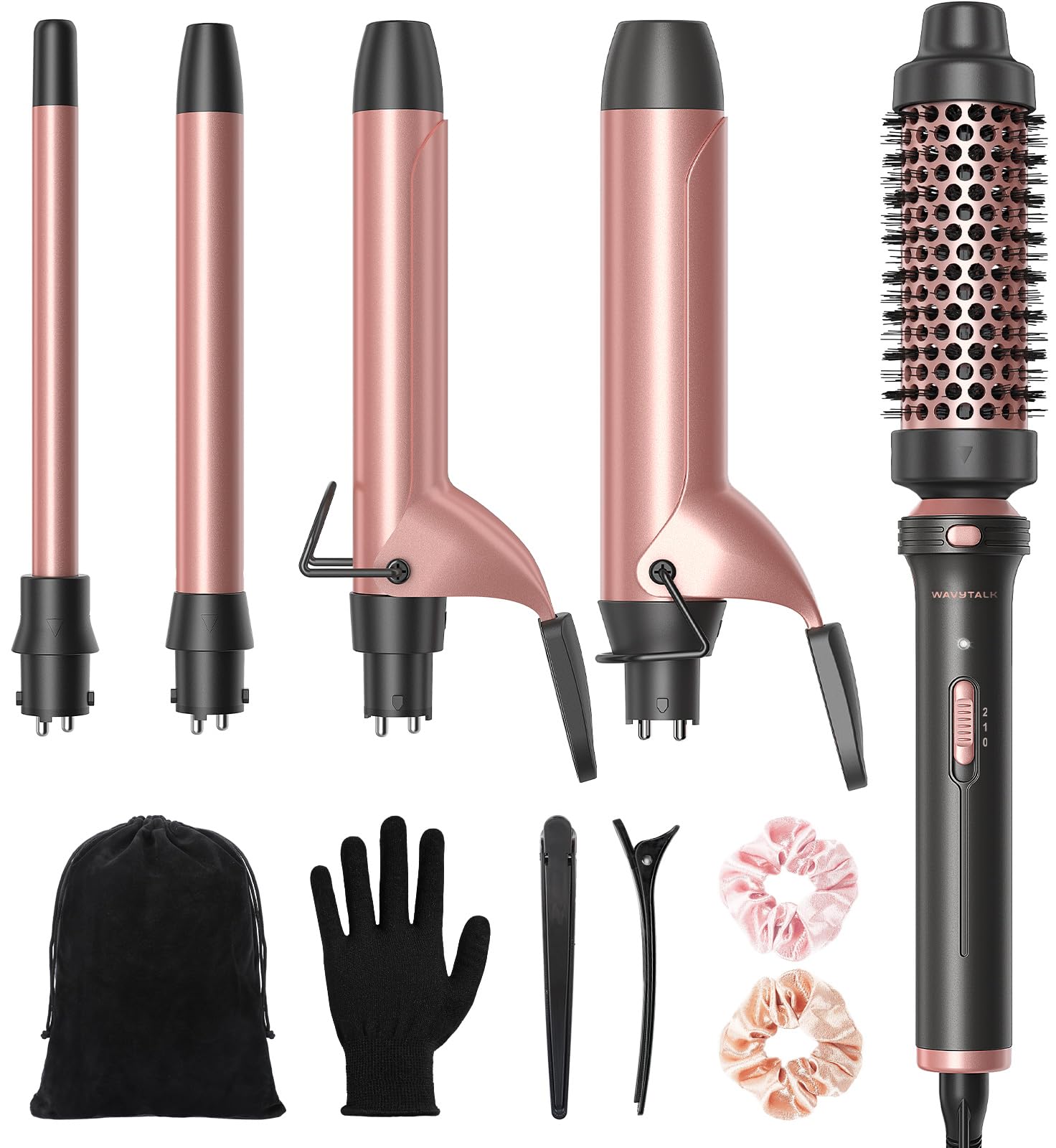 Wavytalk 5 in 1 Curling Wand Set with Curling Brush and 4 Interchangeable Ceramic Curling Wands Wands, Instant Curling Hair Curler, Includes Heat Protective Glove and 2 Clips