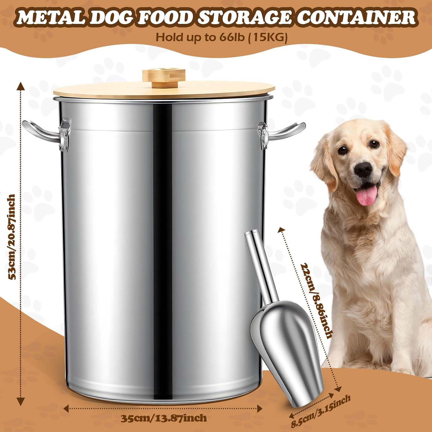Maxdot 45 Lbs Stainless Steel Food Storage Container for Dog with Airtight Bamboo Lid Spoon & Wooden Claw Handle, Large Metal Pet Food Bin to Keep Fresh Easy Clean & Use for Dog Multiple Pet