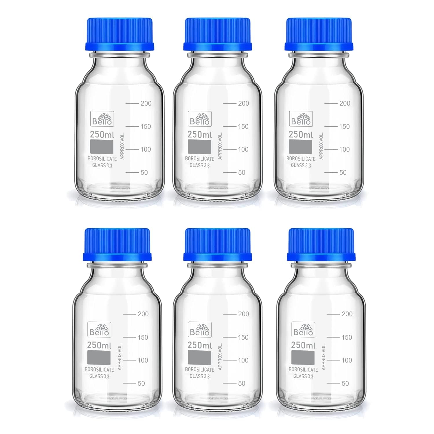 Bello Borosilicate Glass reagent bottle 100ml with leak proof Blue Screw Cap pack of 6 for glassware wide mouth chemical bottles for lab, laboratory, kitchen and professional use-image-32