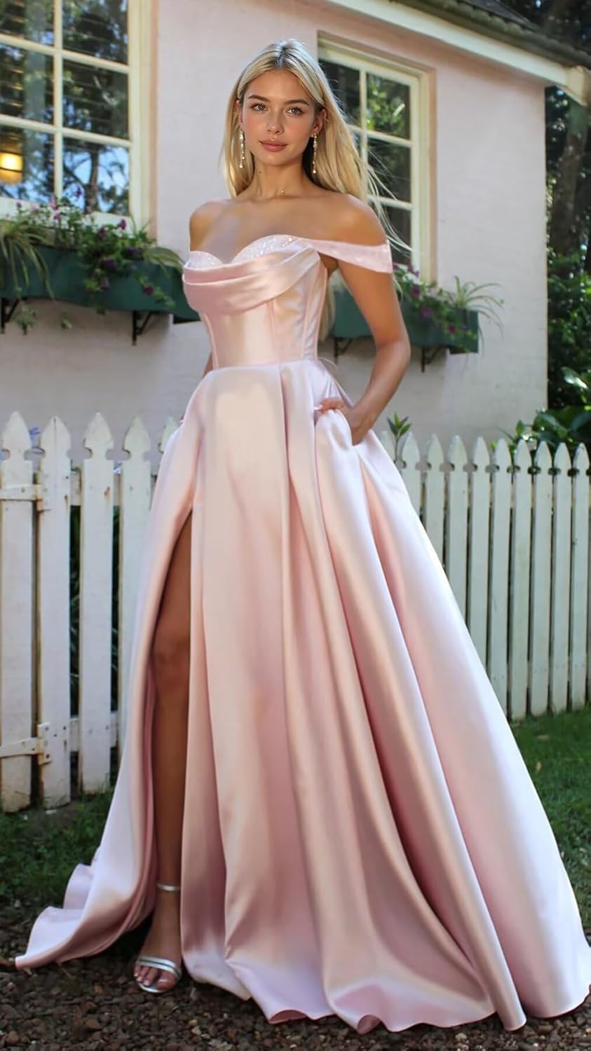 Off The Shoulder Satin Prom Dresses for Women 2025 Long Slit A Line Formal Evening Party Gowns with Pockets - Image 4