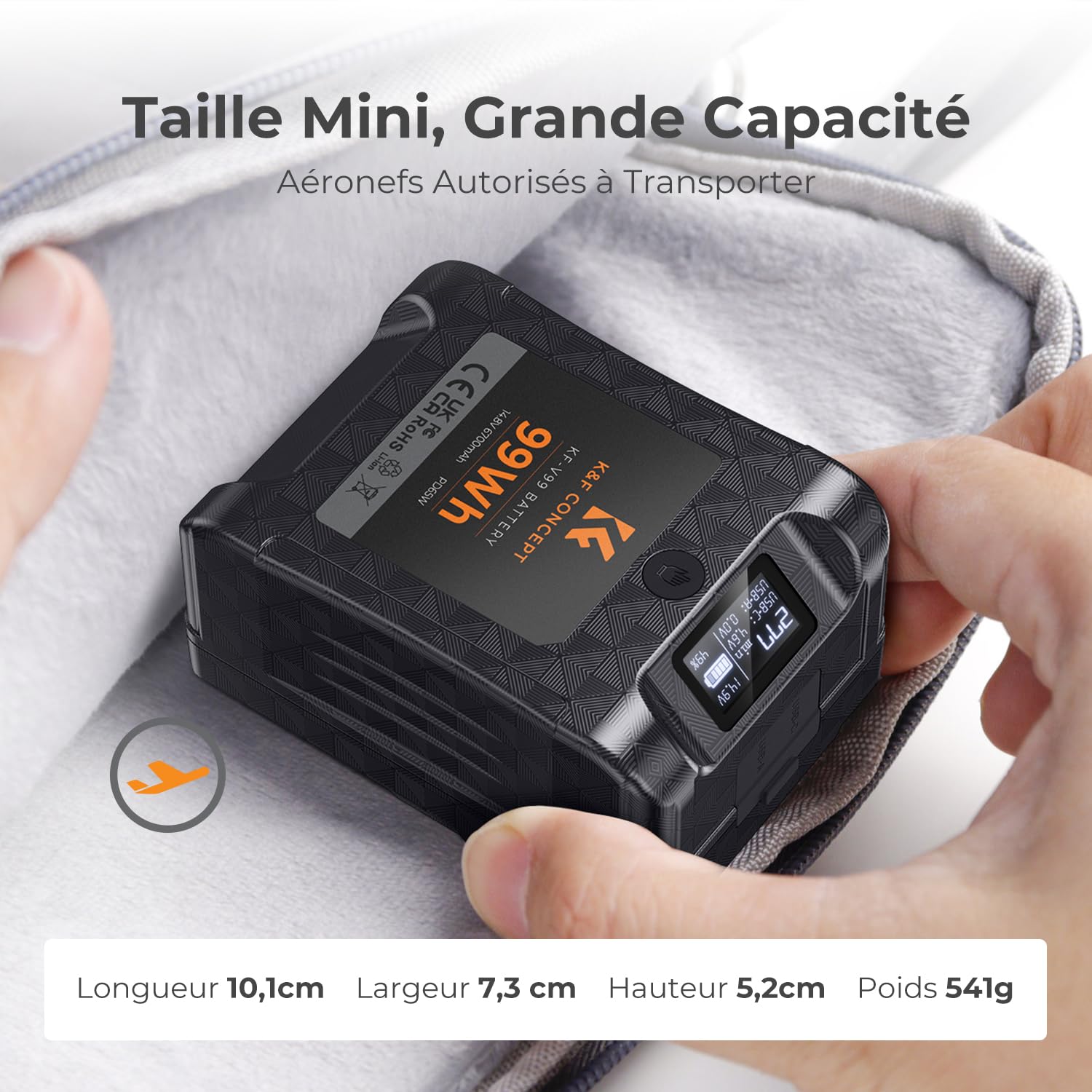 K&F CONCEPT Batterie V Mount 99 Wh 6700 mAh 14,8 V Mini Batterie V Lock 65W | Charge Rapide PD Bidirectionnelle avec D-Tap, USB-A, USB-C, BP, Écran OLED, pour Voyage/Camera/Smartphone KF-V99
